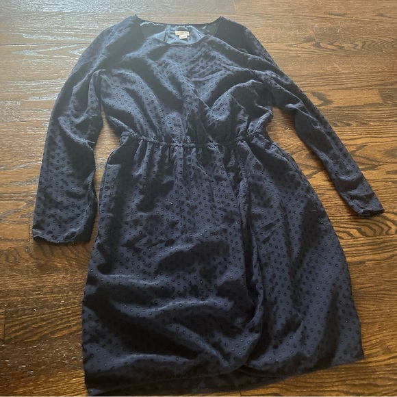J Crew Navy Polka Dots Faux Wrap Chiffon Fit & Flare Dress Sz 4 - Picture 1 of 5